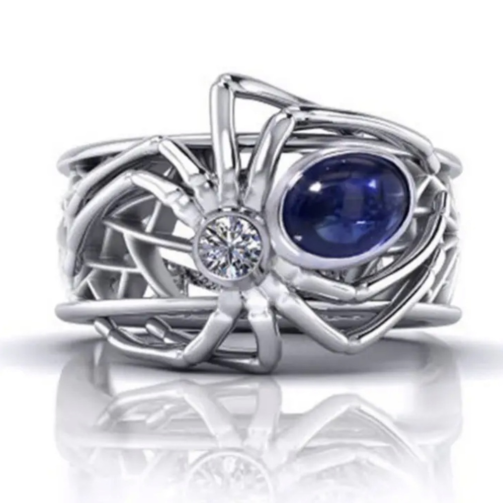Spider on Web Silver Tone Ring Faux Sapphire and Rhinestone